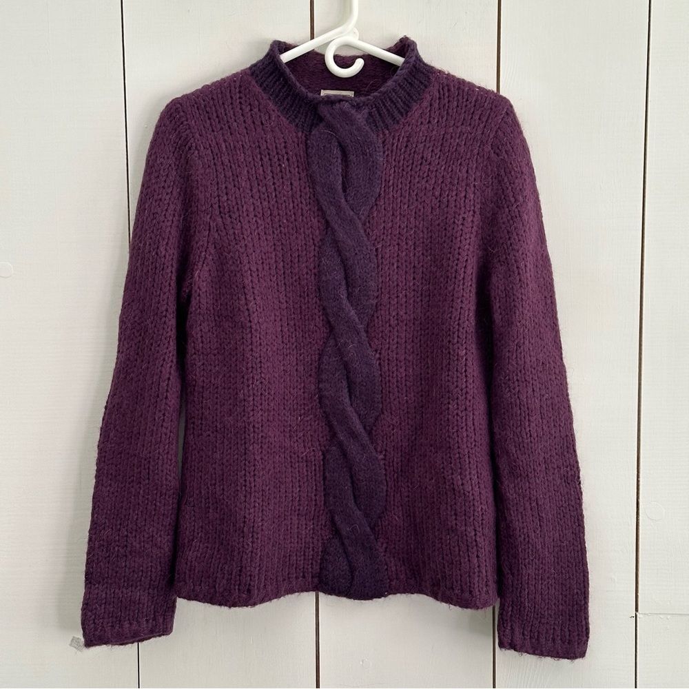 LL Bean Plum Noir & Eggplant Purple Mock Neck Sweater M Mohair Blend Cable Knit